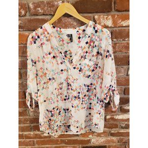 Maurices L lightweight V-neck blouse w/multicolored geometric print